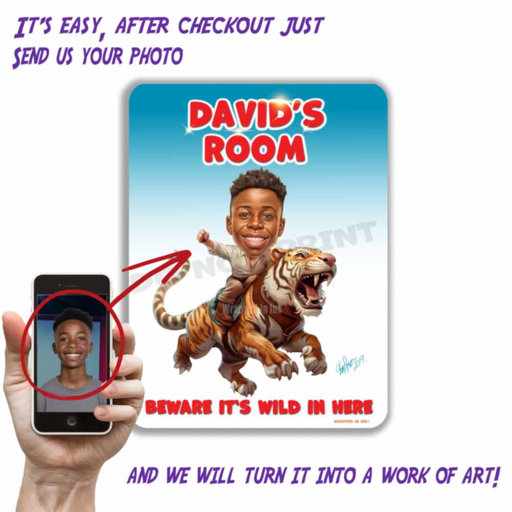 Child Riding a Tiger Caricature Metal Sign Funny Portrait from Photo