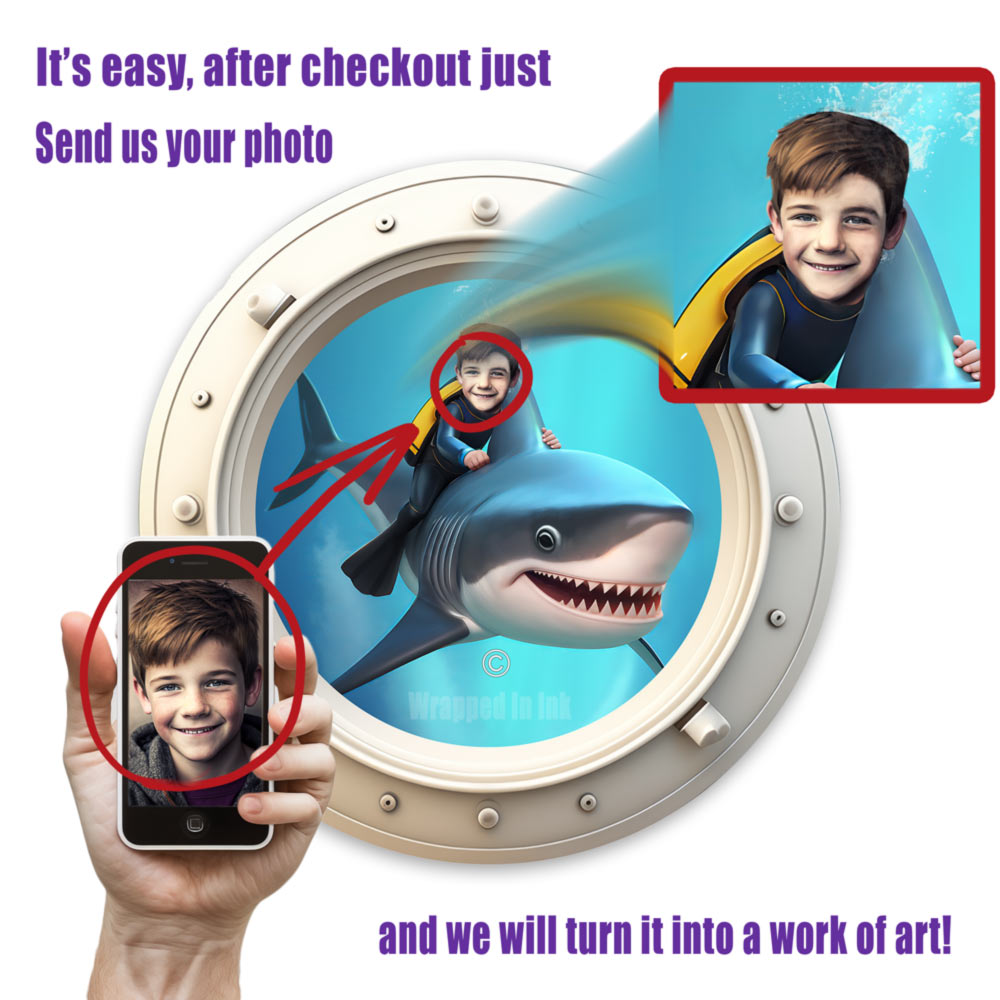 Personalized Kid Riding a Shark Porthole Decals Custom Portrait From Photo