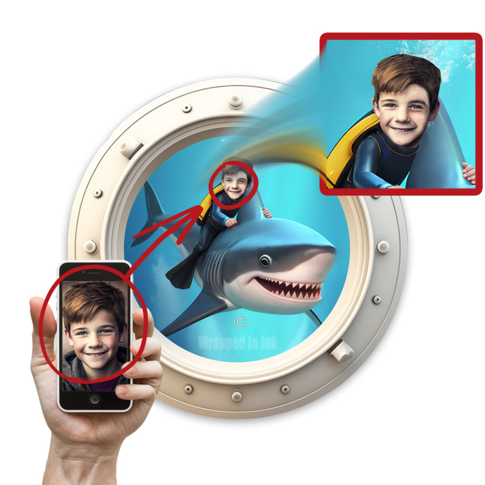 Personalized Kid Riding a Shark Porthole Decals Portrait From Photo