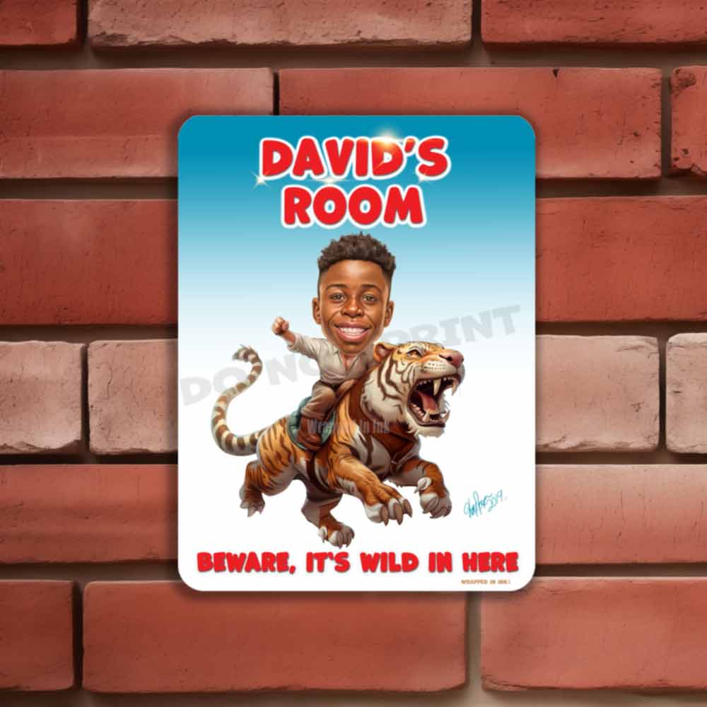 Child Riding a Tiger Caricature Metal Sign Portrait from Photo