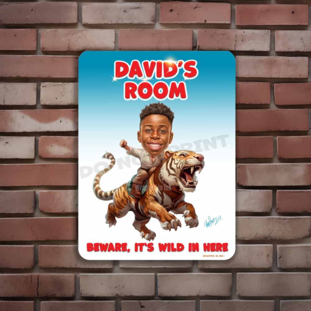 Child Riding a Tiger Caricature Metal Sign