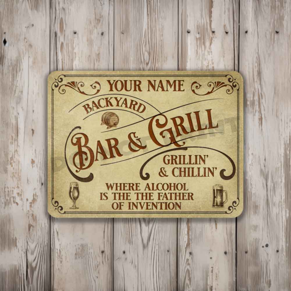 Personalized Backyard Bar and Grill Parchment Metal Sign - Vintage Pub Sign Classic Wall Art Metal Sign 12" x 9”