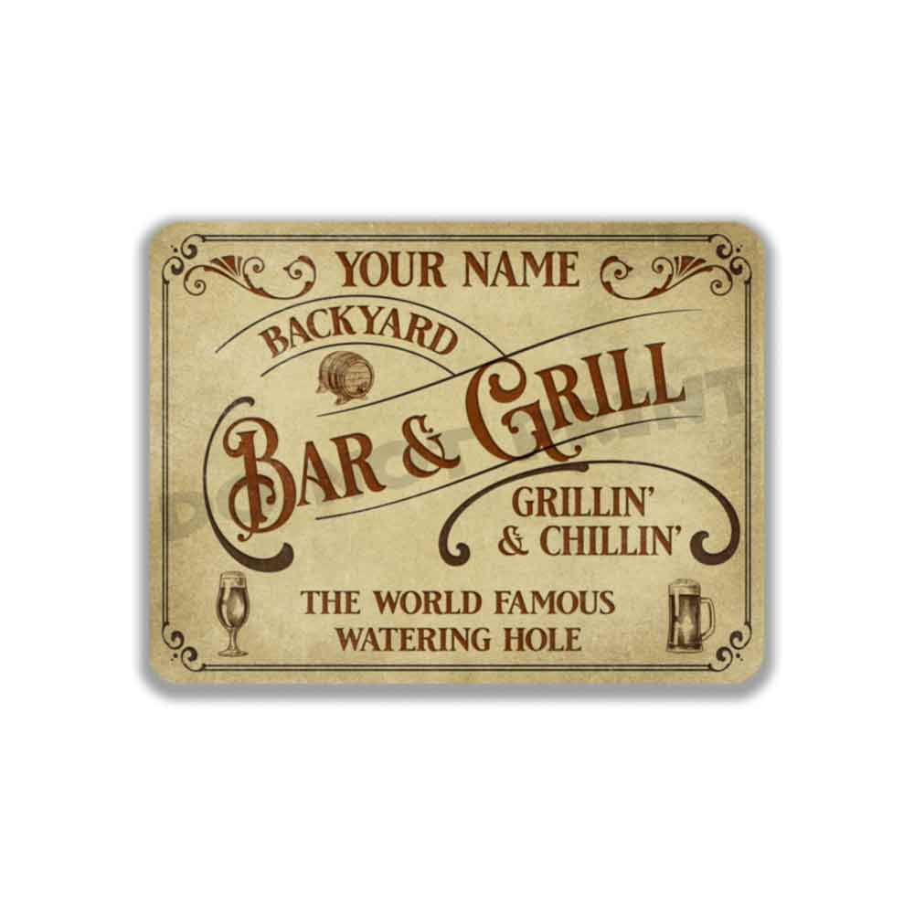 Personalized Backyard Bar and Grill Parchment Metal Sign - Vintage Pub Sign Classic Wall Art Metal Sign 12" x 9”