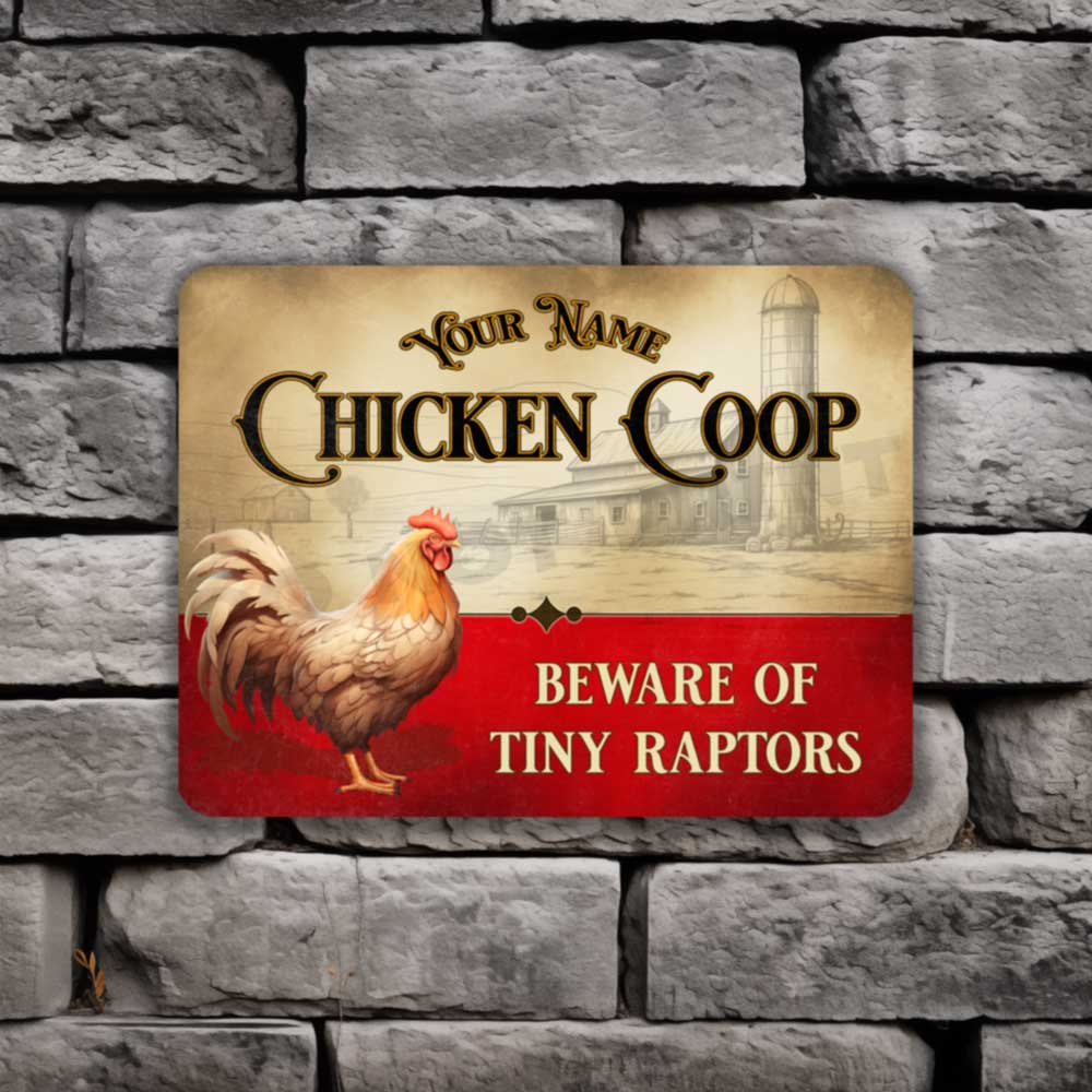 Personalized Red and White Chicken Coop Sign Beware of Tiny Raptors 3