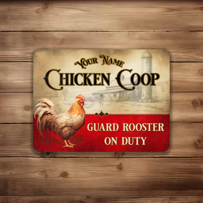 Personalized Red and White Chicken Coop Sign Guard Rooster on Duty