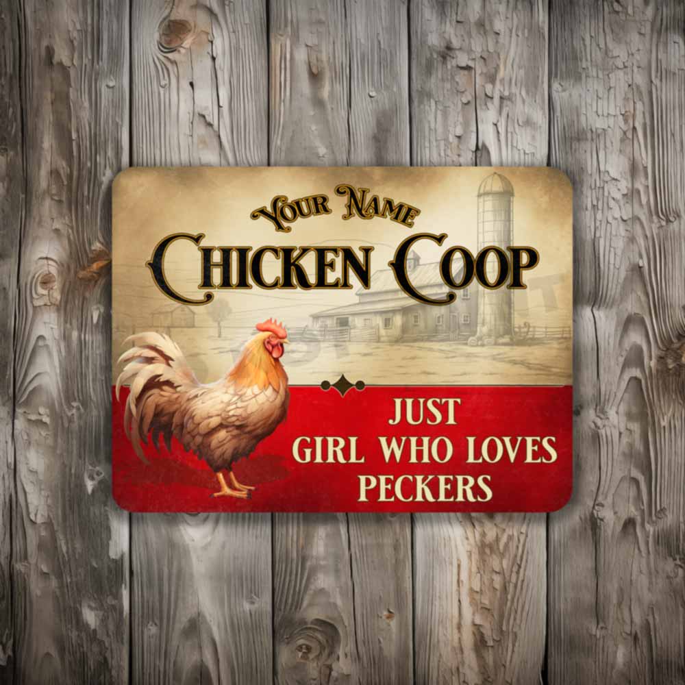 Personalized Red and White Chicken Coop Sign Just A Girl Who Loves Peckers