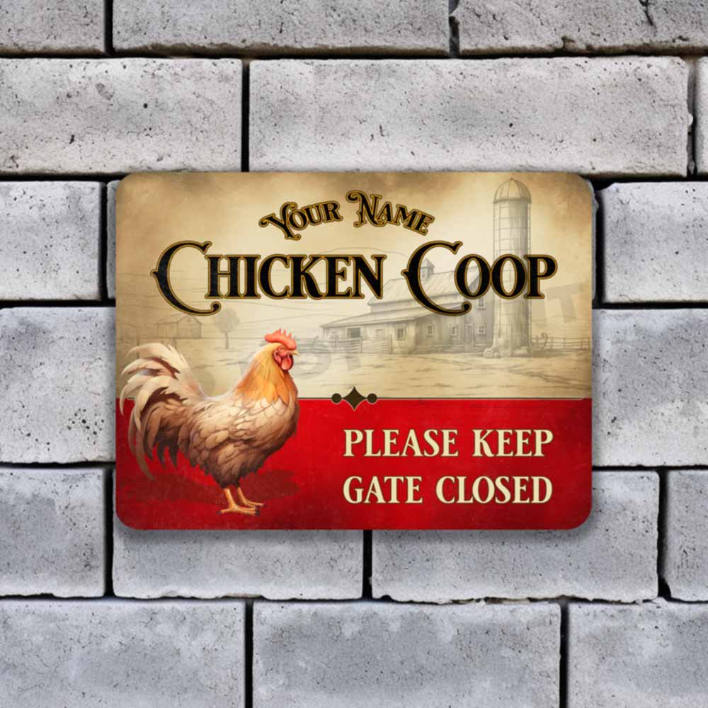 Personalized Red and White Chicken Coop Sign Please Keep Gate Closed