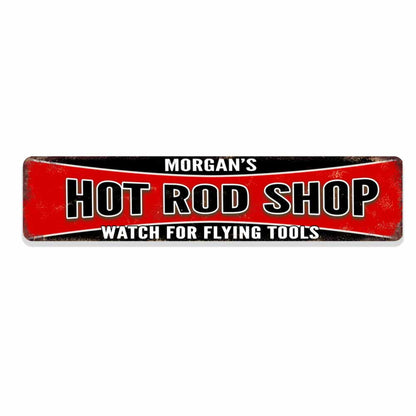 Personalized Hot Rod Shop Sign Metal Sign - 18" x 4" Man Cave Den Game Room Garage Classic Metal Sign- Backyard Sign