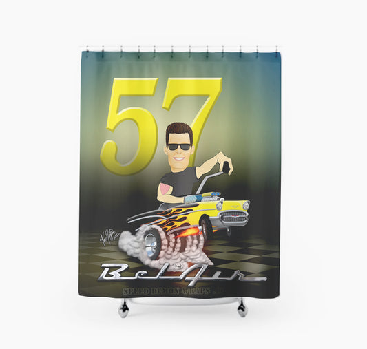Personalized 57 Chevy Caricature Hot Rod Shower Curtain