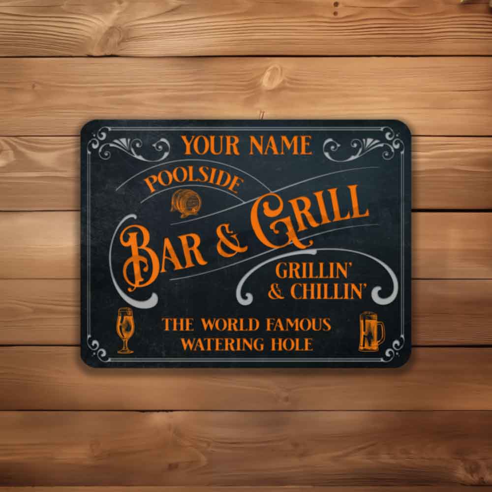 Poolside Bar and Grill Sign Old Bark Blue and Orange World Famous Watering Hole