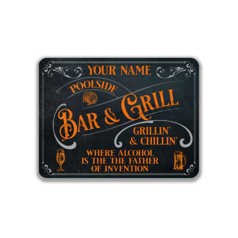 Poolside Bar and Grill Sign Old Bark Blue and Orange Alcohol is the Father of Invention 