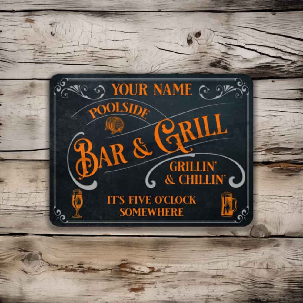 Poolside Bar and Grill Sign Old Bark Blue and Orange Its Five oclock somewhere