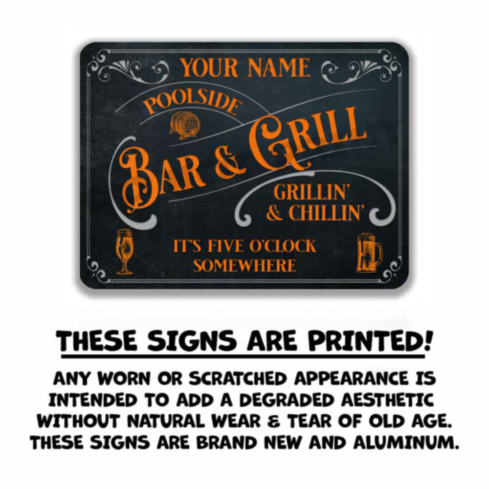 Poolside Bar and Grill Sign Old Bark Blue and Orange Personalized Appearance