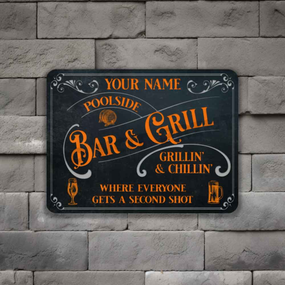 Poolside Bar and Grill Sign Old Bark Blue and Orange Where Everyone Gets a Second Shot