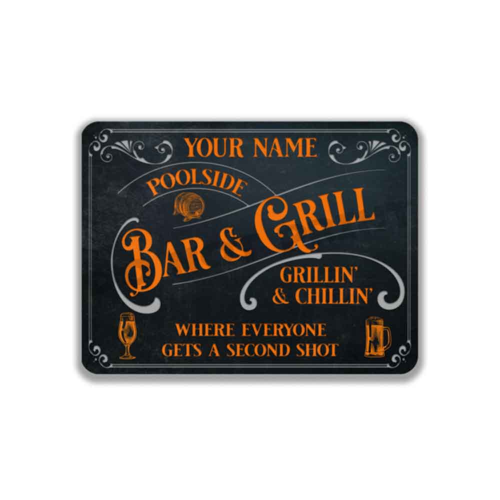 Poolside Bar and Grill Sign Old Bark Blue and Orange Where Everyone Gets a Second Shot