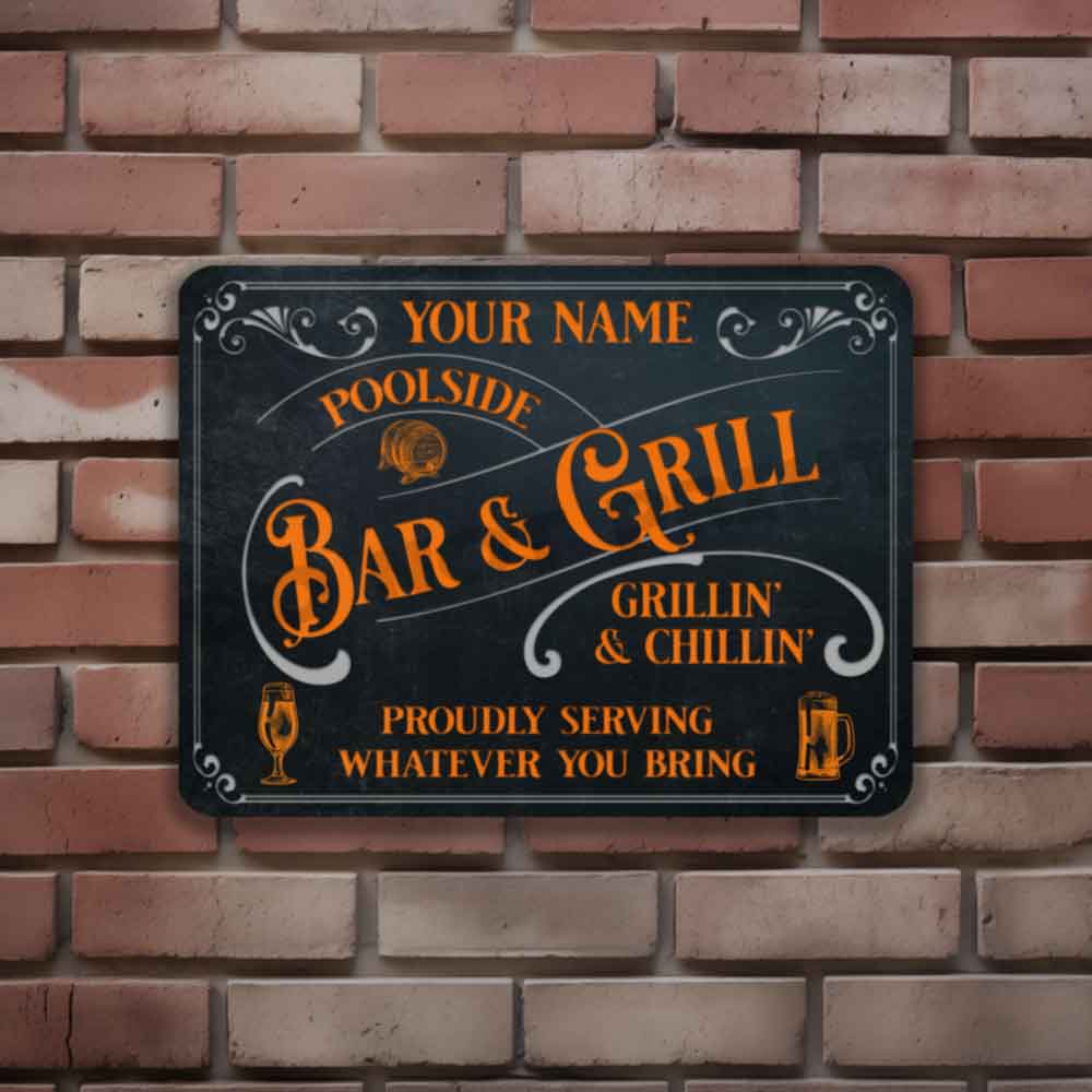 Poolside Bar and Grill Sign Old Bark Blue and Orange Proudly Serving Whatever You Bring