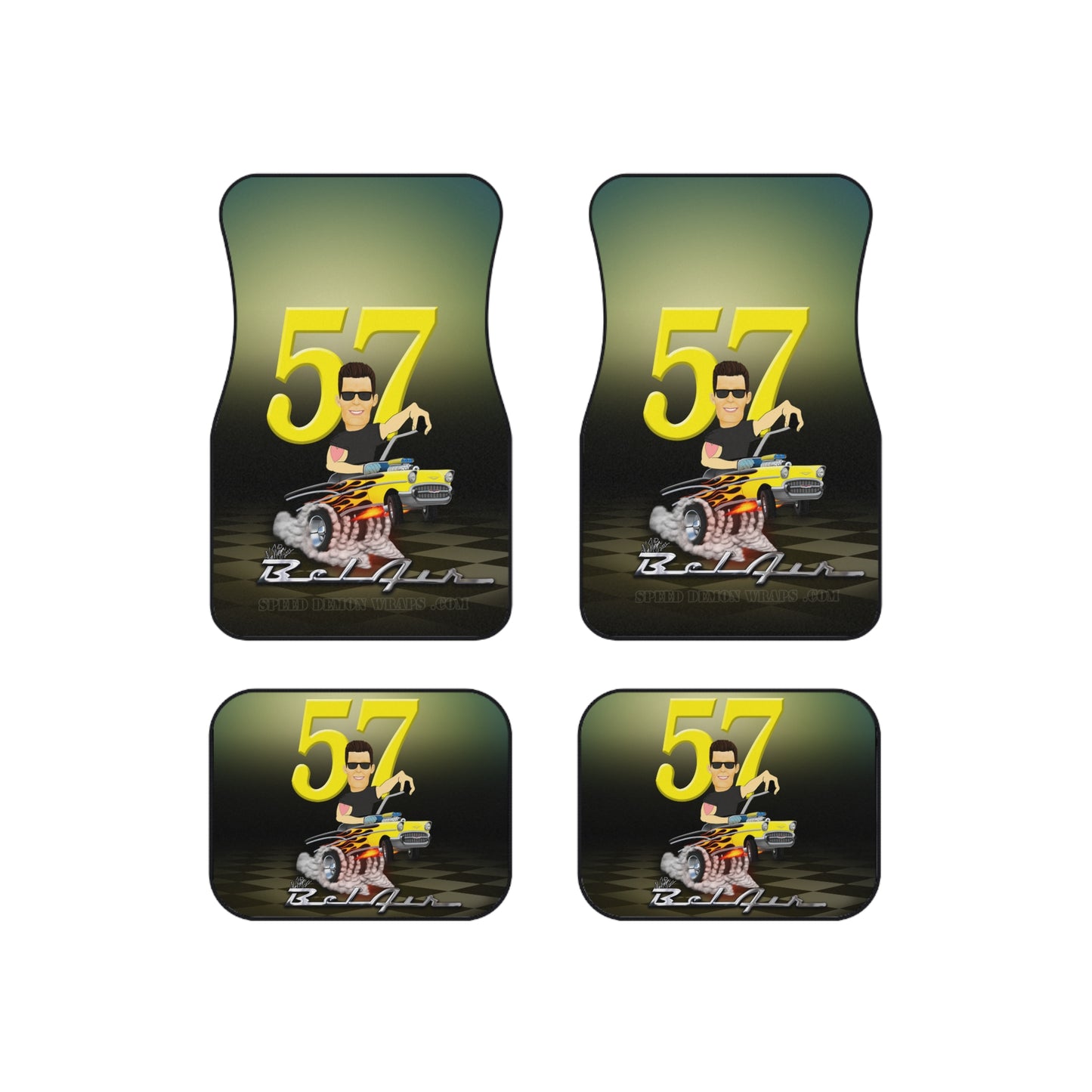 Personalized 57 Chevy Caricature Hotrod Car Mats (Set of 4)