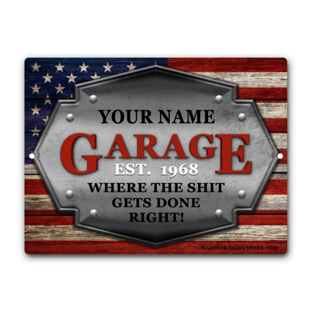 Personalized American Flag Garage Metal Sign