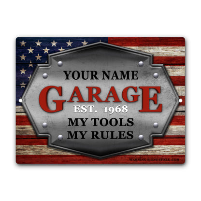 Personalized American Flag Garage Metal Sign