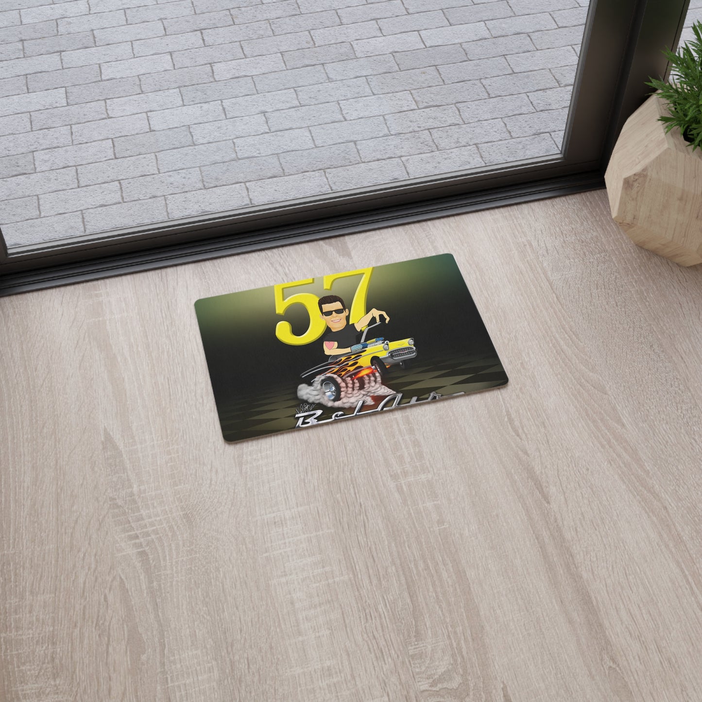 Personalized 57 Chevy Caricature Hot Rod Floor Mat