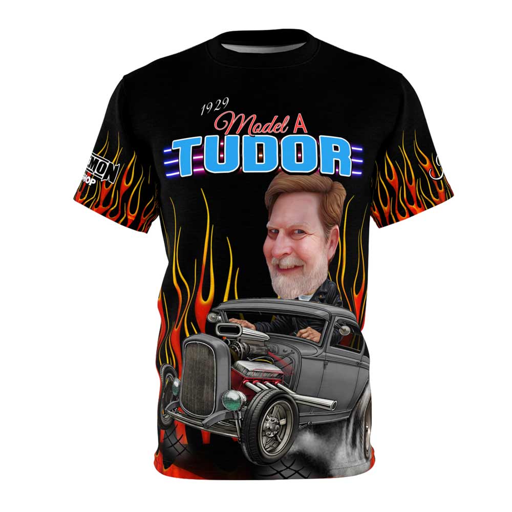 1929 Model A Sedan Tudor Ratrod T-Shirt Car Caricature From Photo (AOP)