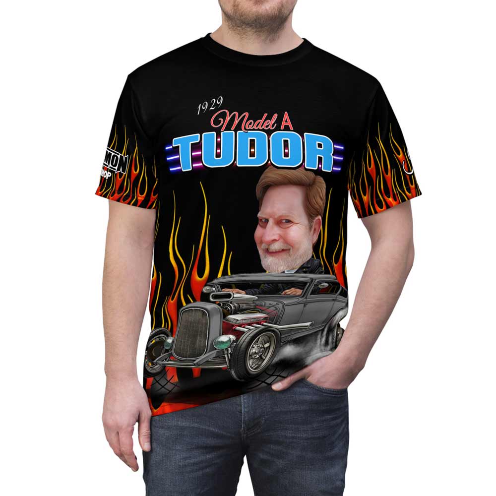 1929 Model A Sedan Tudor Ratrod T-Shirt Car Caricature From Photo (AOP)