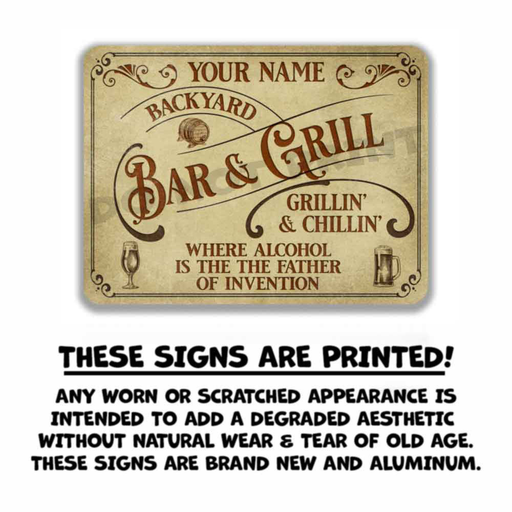 Personalized Backyard Bar and Grill Parchment Metal Sign - Vintage Pub Sign Classic Wall Art Metal Sign 12" x 9”