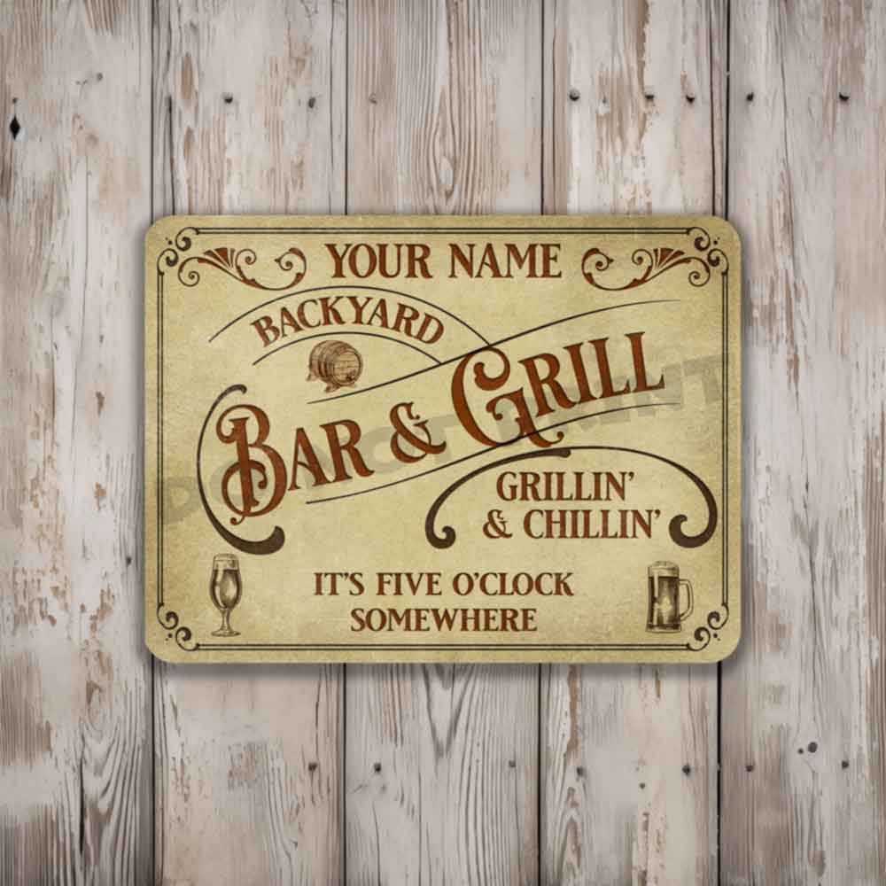 Personalized Backyard Bar and Grill Parchment Metal Sign - Vintage Pub Sign Classic Wall Art Metal Sign 12" x 9”