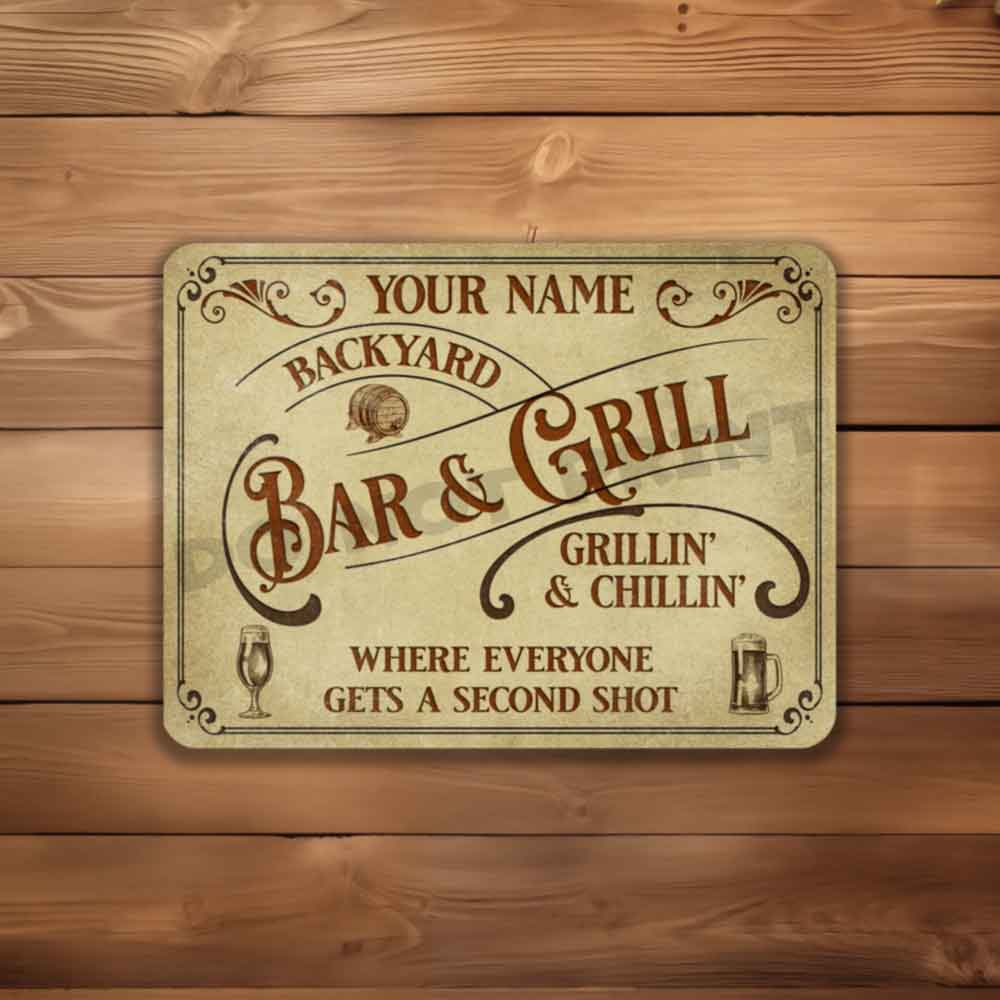 Personalized Backyard Bar and Grill Parchment Metal Sign - Vintage Pub Sign Classic Wall Art Metal Sign 12" x 9”