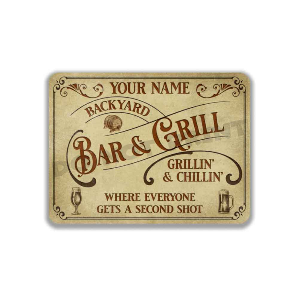 Personalized Backyard Bar and Grill Parchment Metal Sign - Vintage Pub Sign Classic Wall Art Metal Sign 12" x 9”