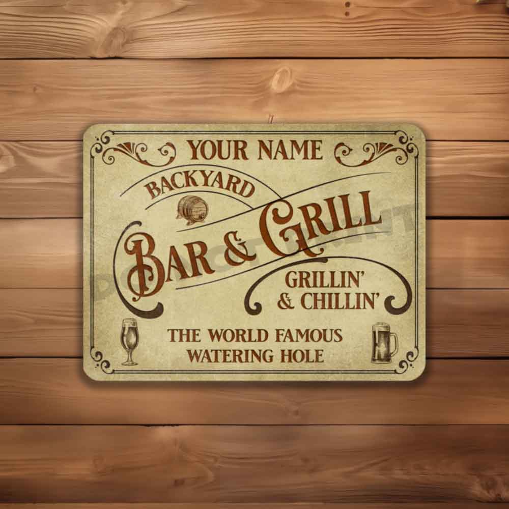 Personalized Backyard Bar and Grill Parchment Metal Sign - Vintage Pub Sign Classic Wall Art Metal Sign 12" x 9”