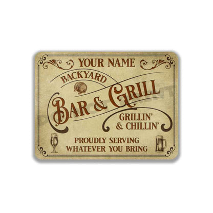Personalized Backyard Bar and Grill Parchment Metal Sign - Vintage Pub Sign Classic Wall Art Metal Sign 12" x 9”