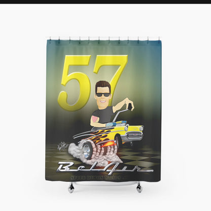 Personalized 57 Chevy Caricature Hot Rod Shower Curtain