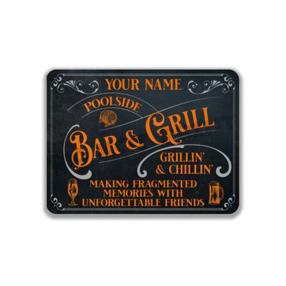 Poolside Bar and Grill Sign Old Bark Blue and Orange Making Fragmented Memories with Unforgettable Friends
